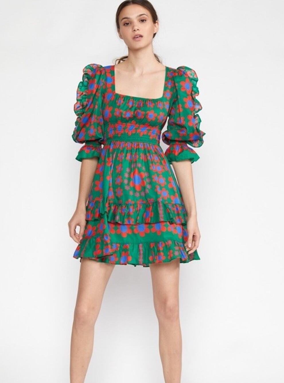 Cynthia Rowley Spencer Smocked Mini Dress Green Floral Puff Sleeve Ruffle Size L